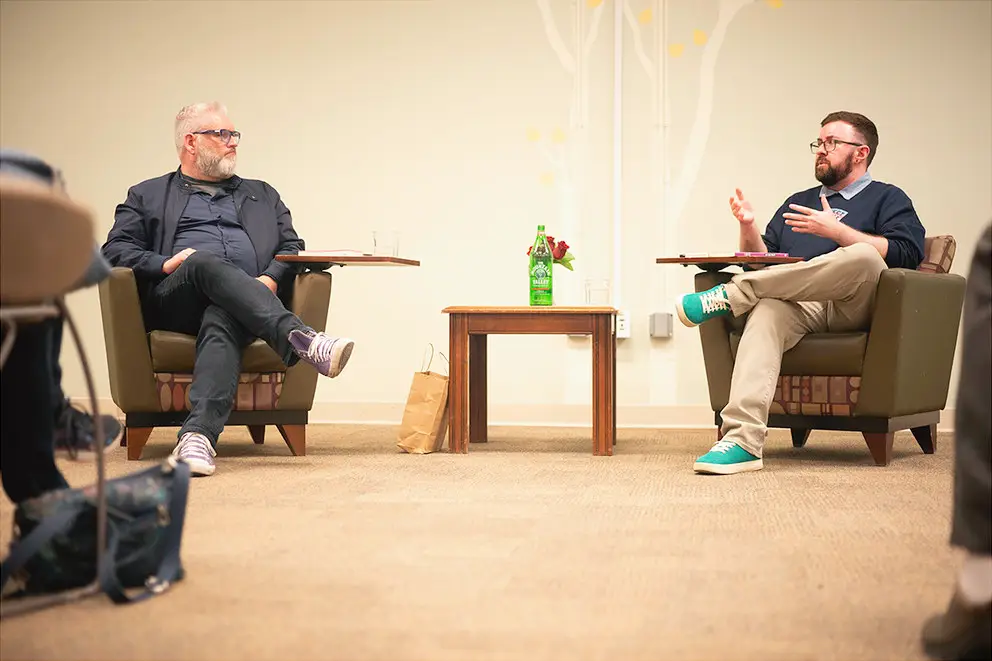 Charlie Ocean interviewing Cody Daigle-Orians of Ace Dad Advice at the Park Hill Branch of the Denver Public Library